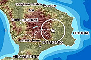 L'epicentro della scosa in Calabria
